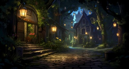 a night scene painting of a lighted street