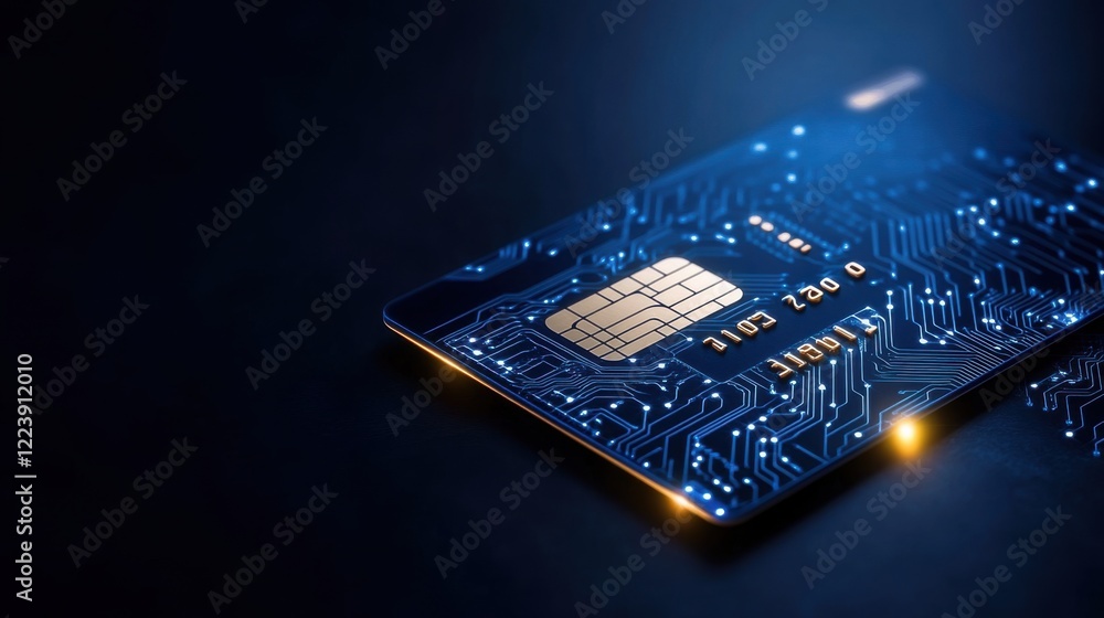 Poster high-tech electronic circuit board design featuring a modern credit card with glowing elements and c