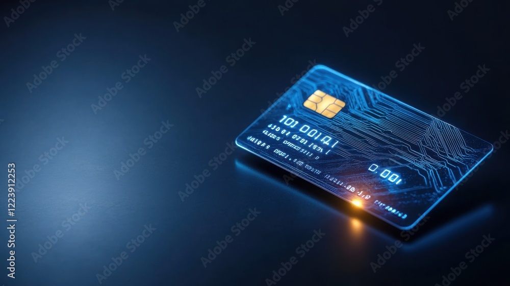 Poster digital payment card with chip on dark background highlighting technology and security features of f