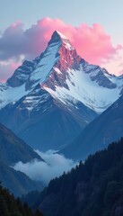Soft pink light illuminates snow-capped Bernina Massif at dawn, nature, swiss alps, clouds