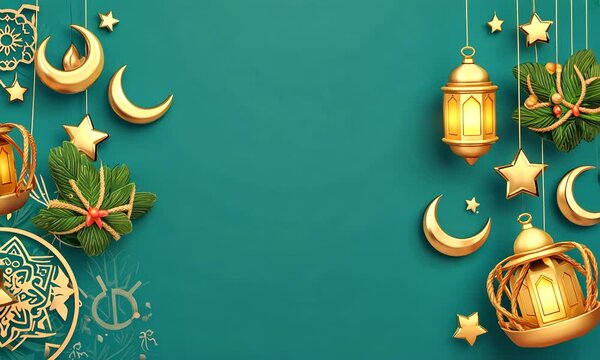 Festive Gold Lanterns Teal Background Islamic Celebration