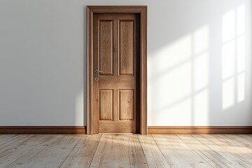 Naklejka premium Elegant wooden door in a sunlit room. Perfect for interior design, real estate, or home improvement projects.