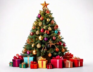 Decorated Christmas tree with a star topper, festive ornaments, and a