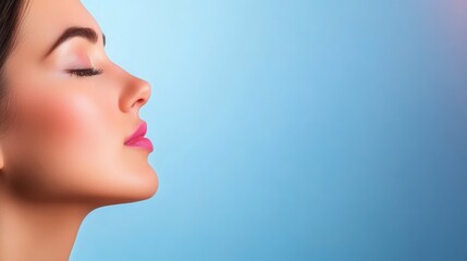 Naklejka premium Elegant Profile of a Woman with Soft Skin Against a Gradient Blue Background for Beauty and Wellness Themes
