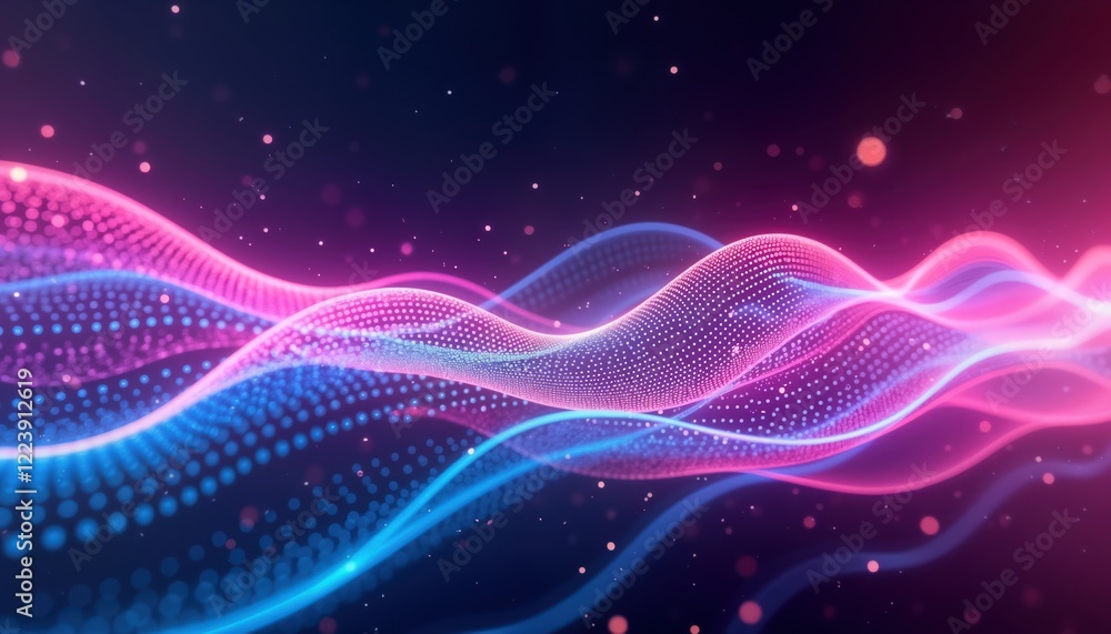 Poster abstract vibrant purple, blue neon wave patterns. dynamic motion of glowing tech particles. high spe
