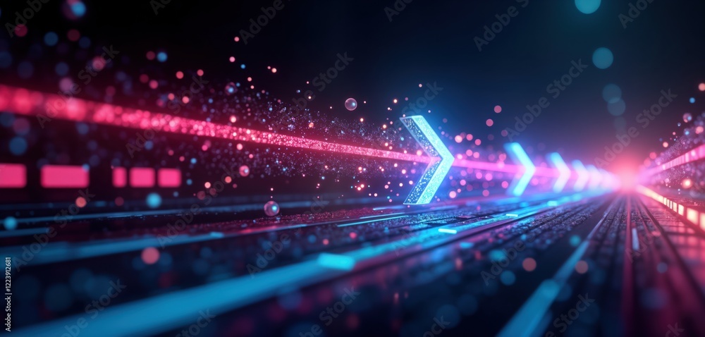 Poster Futuristic neon arrow illustration. Dynamic tech concept. Abstract design. Bright pink, blue glowing lines. Bokeh effect creates tech speed. Modern direction. AI generated. Suitable for tech