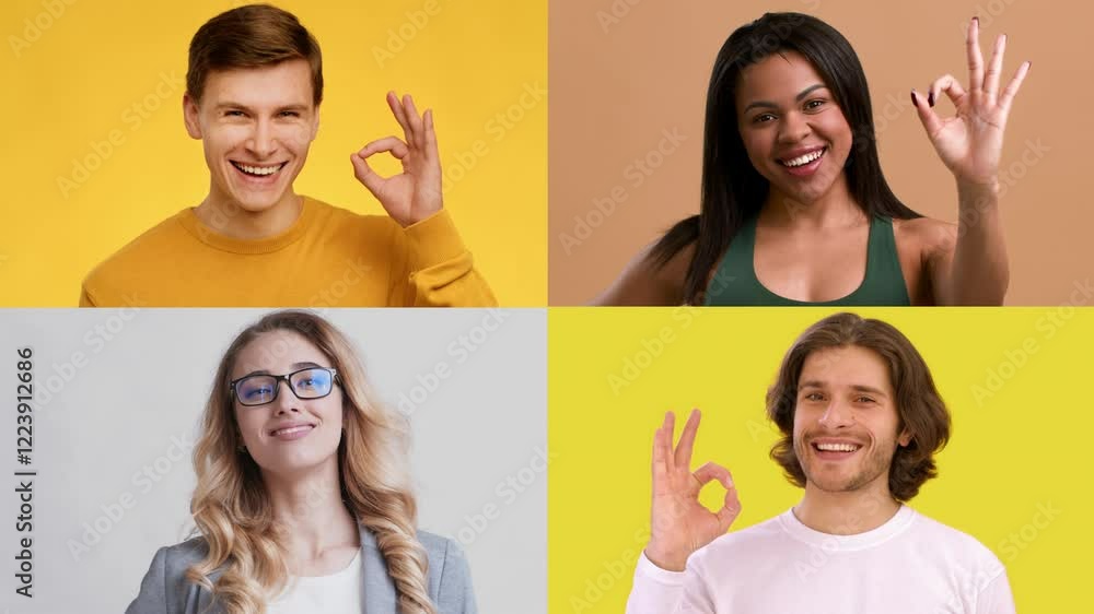 Poster Multiracial individuals display various emotions through gestures against vibrant backgrounds. Each person showcases unique expressions, promoting inclusivity and connection.