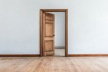 Fototapeta premium Open wooden door in a white room. Ideal for concepts of new beginnings, opportunity, and potential.