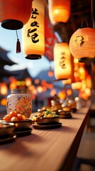 Firecrackerfilled market scene, glowing lanterns overhead, 3D illustration