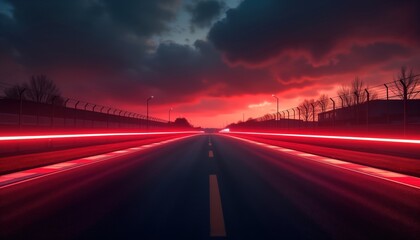Obraz premium Empty race track at night under vibrant red lights. Empty asphalt road extends into distance. Night sky with dramatic clouds. Trackside fence surrounds scene. Racing atmosphere. Speed, action