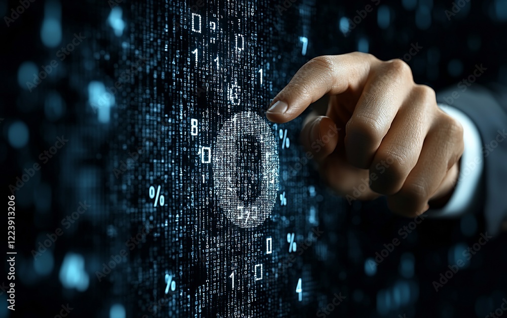 Aufkleber hand pointing at digital shield security icon on binary code background.