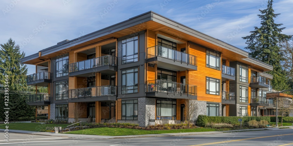 Poster a sustainable apartment building with timber framing and energy-efficient cladding.