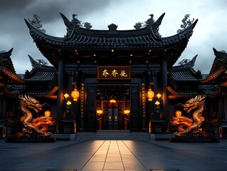 Fototapeta premium Lanternfilled temple courtyard, golden dragon statues flanking the entrance, 3D illustration