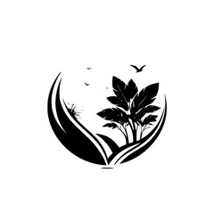 Fototapeta premium Serene Nature Scene: Monochrome Botanical Illustration of Trees, Birds and Flowers in a Circular Design