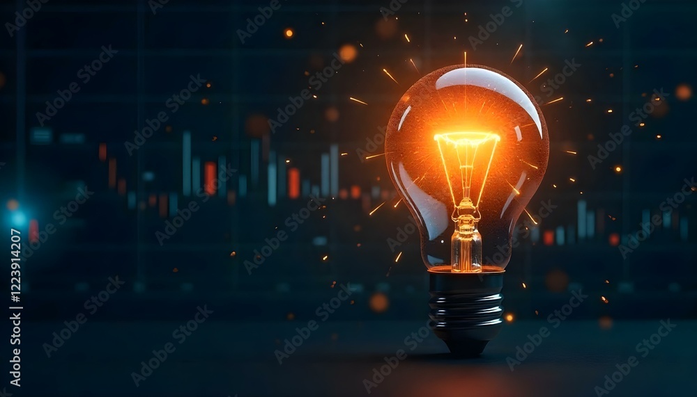 Poster A glowing lightbulb with its filament replaced by a circuit board emits radiant energy against a dark backdrop of digital streams, representing innovation and progress in technology