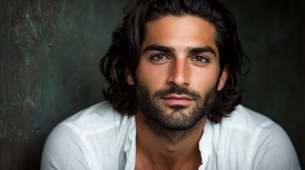 Fototapeta premium Intense Gaze: A Portrait of a Man with Dark Hair and Beard