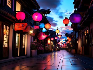 Lanternfilled street, zodiacthemed banners and decorations, 3D illustration