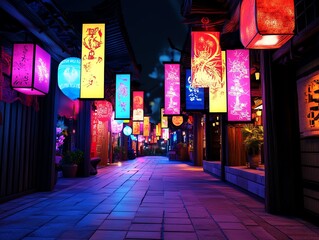 Lanternfilled street, zodiacthemed banners and decorations, 3D illustration