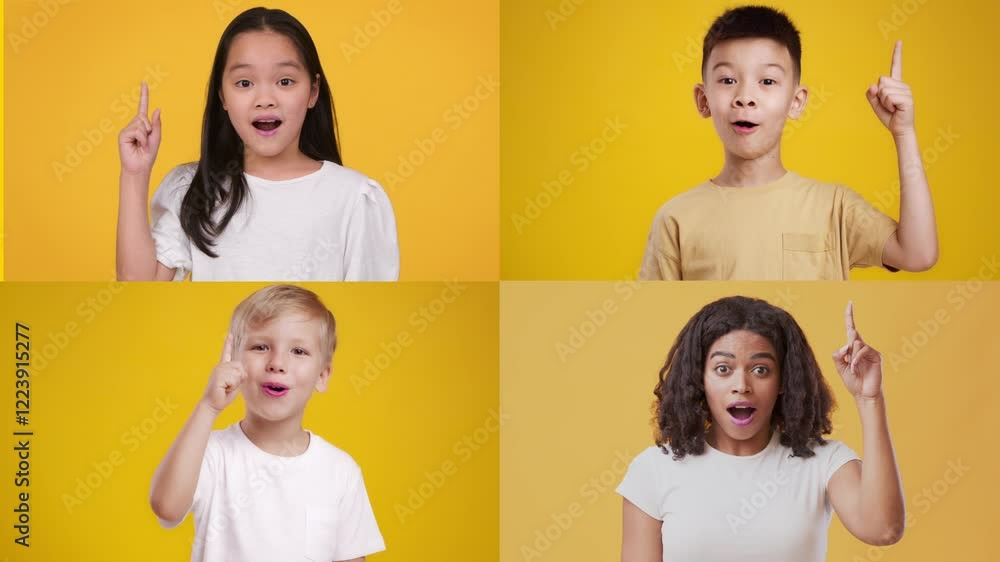 Poster a collection of four children expressing surprise and excitement through gestures, set against a bri