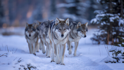 A wolf pack walks through a snowy forest.