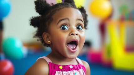 A child's face showing surprise captured mid-laugh at a birthday party