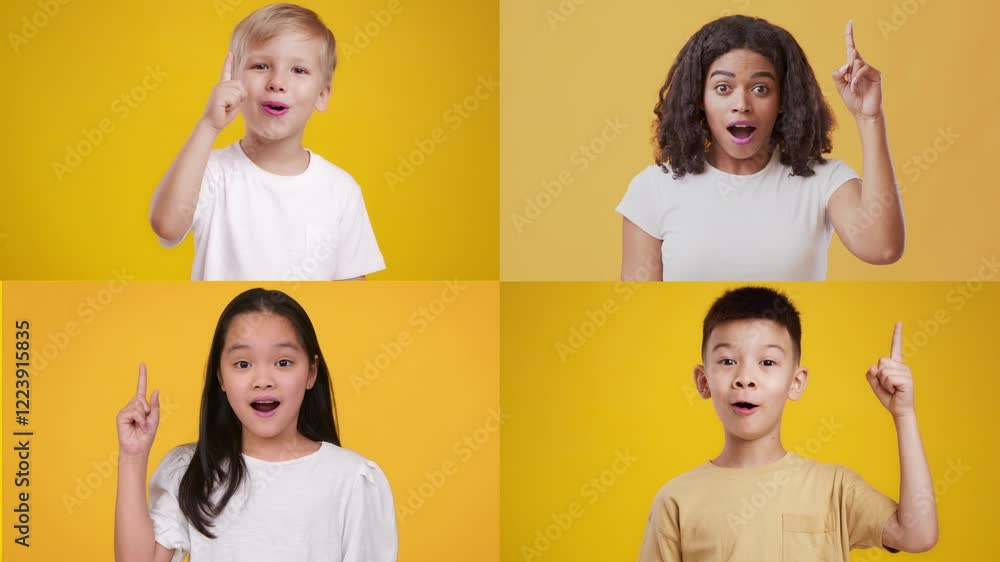 Poster four children of various backgrounds display surprise and excitement through their gestures. each ch