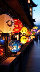 Obraz premium Traditional lantern shop, glowing zodiac animal designs on display, 3D illustration