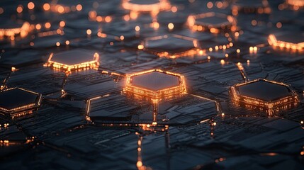 Glowing hexagonal network with data nodes, symbolizing connectivity and advanced technology