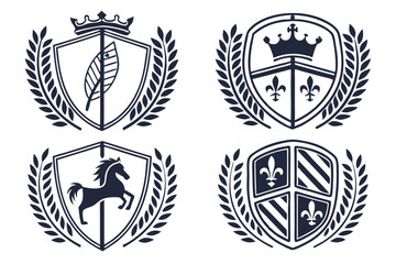 Obraz premium Modern Heraldic Shields, Corporate Shield Design, Clean Shield Logos, Professional Branding Shields, Abstract Crown Design, Symmetrical Shield Patterns, Bold Corporate Logos, Sleek Laurel Wreath Shiel