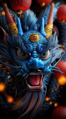 Obraz premium Vibrant dragon mask surrounded by floating lanterns, festive firecracker lighting, 3D illustration