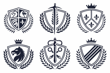 Obraz premium Modern Heraldic Shields, Corporate Shield Design, Clean Shield Logos, Professional Branding Shields, Abstract Crown Design, Symmetrical Shield Patterns, Bold Corporate Logos, Sleek Laurel Wreath Shiel