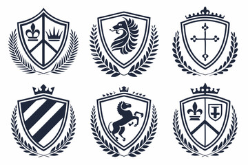 Modern Heraldic Shields, Corporate Shield Design, Clean Shield Logos, Professional Branding Shields, Abstract Crown Design, Symmetrical Shield Patterns, Bold Corporate Logos, Sleek Laurel Wreath Shiel