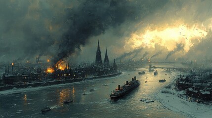 Fototapeta premium Burning Cityscape Winter River Boats Cathedral