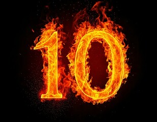 Fire number 10 isolated on black background, 3d 