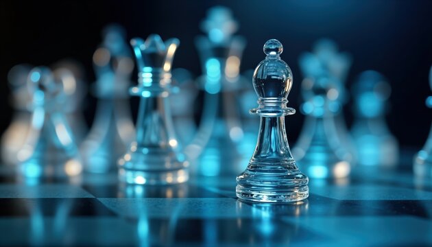 Strategic chess piece stands out on board. Clear glass piece foresight. Focuses on strategic thinking. Strategic positioning key. Decision-making process visualized. Action-oriented focus. Long-term