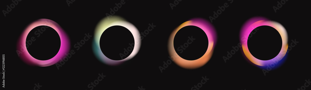 Fototapete Black round circles with blurred neon gradients, glowing frames with holographic light blur effect. Trendy colorful fluid gradient elements, vivid futuristic blurry circle banner vector set. 