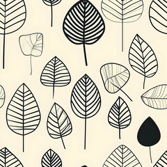 A pattern featuring various black and white leaf illustrations on a light background.