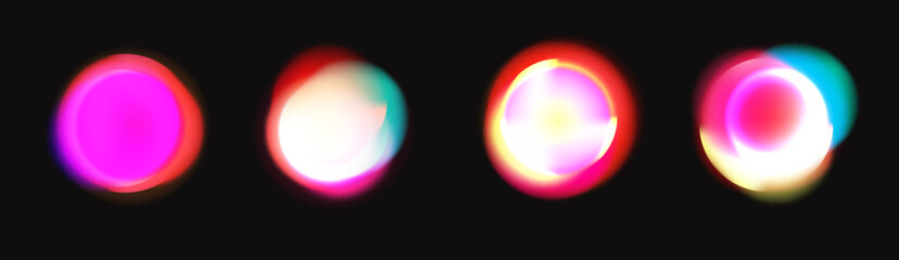 Black round circles with blurred neon gradients, glowing frames with holographic light blur effect. Trendy colorful fluid gradient elements, vivid futuristic blurry circle banner vector set. 