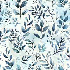 A pattern of blue-toned leaves and branches on a light background.