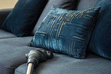 Dark teal velvet cushion with gold accents sits on a sofa. Perfect for interior design, home decor, and cleaning product imagery.