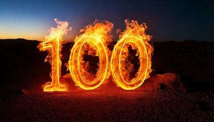 Fire number 100 on black background 