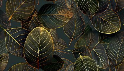 A detailed pattern of various leaves with intricate vein designs.