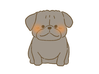 正面を向いてお座りをする黒色のパグのイラスト　手描き