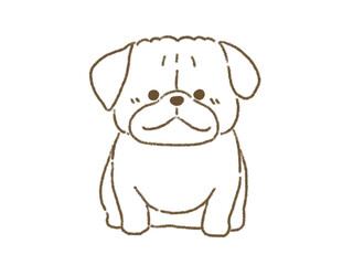 正面を向いてお座りをするパグのイラスト　線画　手描き