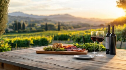 Romantic Outdoor Dining with Wine, Cheese, and Charcuterie in Vineyard at Sunset