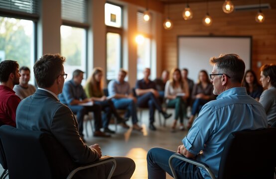 Group of diverse people sit in circle. Participating in community forum town hall meeting. Discussion, community involvement, dialogue highlighted. Open, inviting space hosts event. Event likely