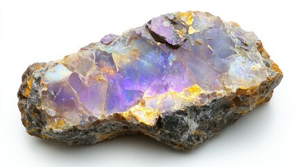 Iridescent opal rough stone on white background.