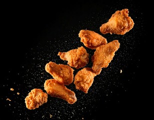 Fried popcorn chicken falling in the air isolated on white background.