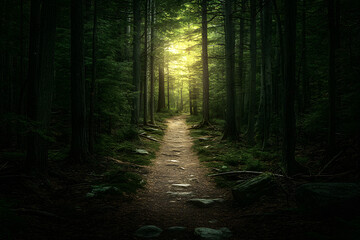 Obraz premium Perseverance Through Nature's Obstacles: Overcoming Challenges on a Winding Forest Path