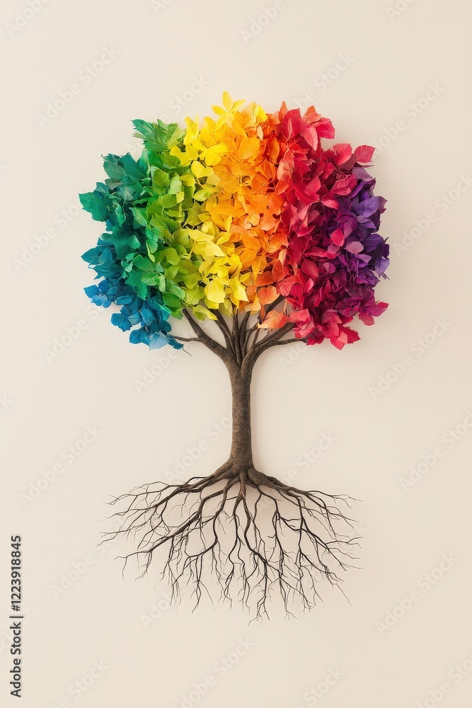 Poster a symbolic rainbow tree rooted in diversity and unity.